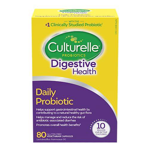 Culturelle Daily Digestive Health Daily Probiotic for Men and Women, With 100% Naturally Sourced Lactobacillus GG Strain, Pharmacist Recommended, Gluten Free and Vegan, 80 Count Capsules