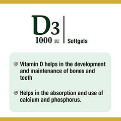 Nature's Bounty Vitamin D3 1000IU Supplement Helps Maintain Immune Function, Bones, and Teeth, 250 Softgels