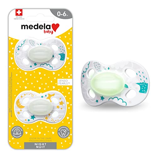 Medela Baby Pacifier | Night - Glow in The Dark | 0-6 Months | 2-Pack | Lightweight | BPA-Free | Hedgehogs and Moon with Stars, Yellow