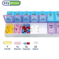 Ezy Dose Weekly (7-Day) AM/PM Pill Organizer, Vitamin Case, And Medicine Box, Large Compartments, 2 Times a Day, Blue and Purple Lids