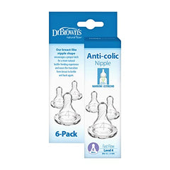 Dr. Brown's Natural Flow Level 4 Narrow Baby Bottle Silicone Nipple, Fast Flow, 9m+, 100% Silicone Bottle Nipple, 6 Pack