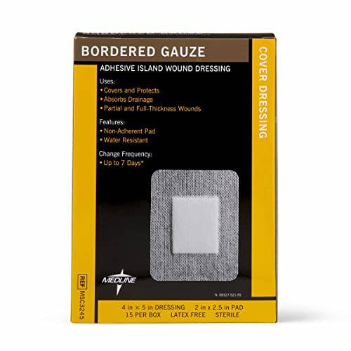 Medline Bordered Gauze Adhesive Island Wound Dressing, 4" x 5" with 2.5" x 2.5" Pad, 15 Per Box