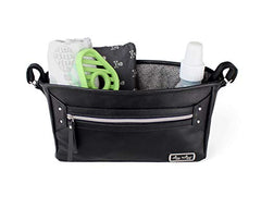 Itzy Ritzy Adjustable Stroller Caddy & Stroller Organizer Featuring Two Built-in Pockets, Front Zippered Pocket and Adjustable Straps to Fit Nearly Any Stroller, Black with Silver Hardware