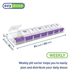 EZY DOSE Weekly (7-day) Push Button Pill Organizer and Planner, Arthritis Friendly, X-Large, Clear Lids, Purple