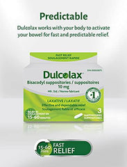 Dulcolax 10 MG Suppositories 3 CT - Bisacodyl Active Ingredient - Effective Relief of Occasional Constipation - Relief Within 15-60 Minutes - Suitable for Children 12 Years & Older, Adults and Breastfeeding Women