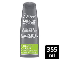 Dove Men+Care 2 in 1 Shampoo & Conditioner deep cleans hair for an invigorating effect Fresh Clean with caffeine and menthol 355 ml