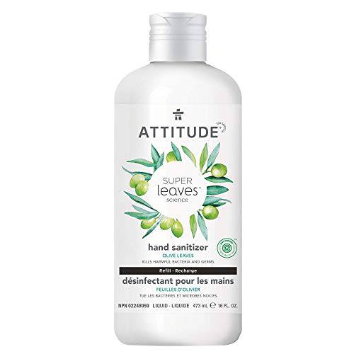 ATTITUDE Hand Sanitizer Refill, EWG Verified, Safe & Effective Against Germs, Vegan & Cruelty-Free Olive Leaves, 473 ml (Refill Bottle) (11493)