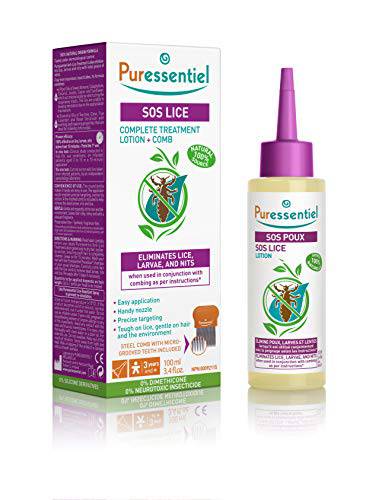 Puressentiel SOS Lice Complete Treatment Lotion + Comb - Eliminate lice, larvae and nits when used with combing - Precise targeting - Tested under dermatological control - 100% from natural sources - 100ml