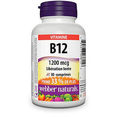 Webber Naturals Vitamin B12 Cyanocobalamin 1,200 mcg, Timed Release, 80 Tablets, Supports Energy Production and Metabolism, Gluten Free, Non-GMO, Vegan