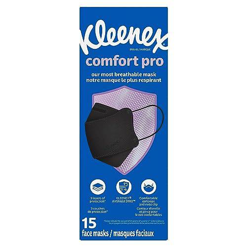 Kleenex Comfort Pro 3-Layer Face Mask (Pack of 15), Dermatologically Tested, Soft Elastic Ear Loop, Adjustable Nose Clip, Black