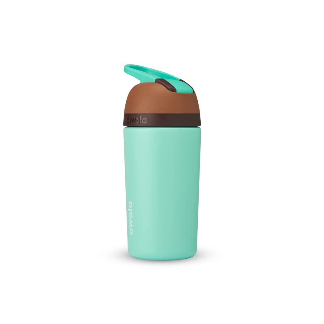 Owala Kids Flip Insulated Stainless-Steel Water Bottle with Straw and Locking Lid, 14-Ounce, Brown/Teal (Mint Chocolate Chip)