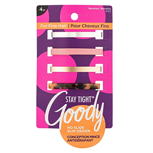 GOODY Hair Barrettes Clips for Fine Hair - 4 Count, Assorted Colors - Slideproof and Lock-In Place - Women, Boys, and Girls - Stay Tight for All Day Comfort, Multi-Color