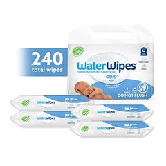 WaterWipes Plastic-Free Original Baby Wipes, 99.9% Water Based Wipes, Unscented & Hypoallergenic for Sensitive Skin, 240 Count (4 packs), Packaging May Vary