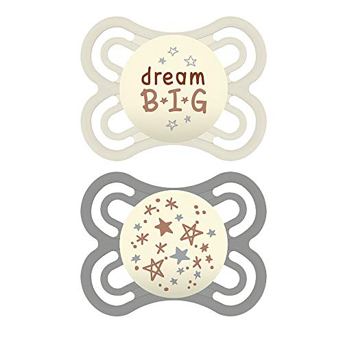 MAM Perfect Night Pacifiers (2 Pacifiers & Sterilizing Box), MAM Soother with a Soft Silicone Nipple, Glow in the Dark Pacifiers, Baby Essentials, Unisex, 0-6 Months