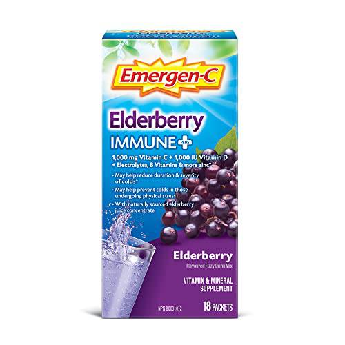 Emergen-C Vitamin C Powder Supplement, Drink Mix with Electroyltes, Immune Plus, Elderberry, 18 Packets