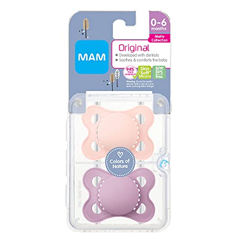 MAM Original Matte Pacifier (2 pack, 1 Sterilizing Pacifier Case), Pacifiers 0-6 Months, Baby Girl Pacifier, Best Pacifiers for Breastfed Babies, Sterilizing Storage Case