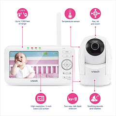 VTech VM5262 5" Digital Video Baby Monitor with Pan & Tilt Camera, White, One Size