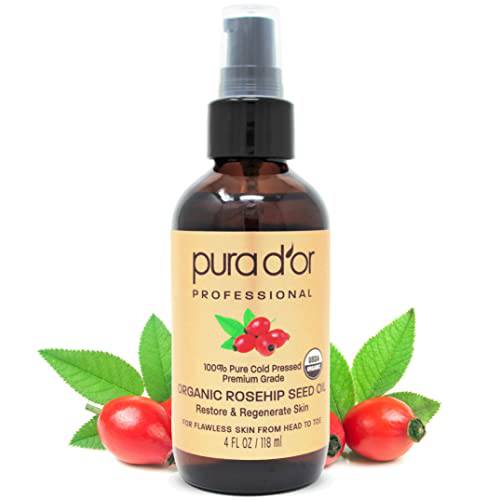 PURA D'OR (118 ml) Rosehip Seed Oil 100% Pure Cold Pressed For Face, Hair, Skin & Nails, Men & Women (Packaging may vary)