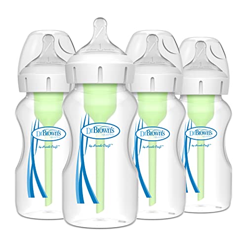 Dr. Brown’s Natural Flow Anti-Colic Options+ Wide-Neck Baby Bottles 9 oz/270 mL, with Level 1 Slow Flow Nipple, 4 Pack, 0m+