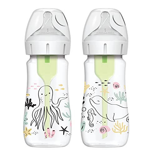 Dr. Brown’s Natural Flow Anti-Colic Options+ Wide-Neck Baby Bottle Designer Edition Bottles, Ocean Decos, 9 oz/270 mL, Level 1 Nipple, 2-Pack, 0m+