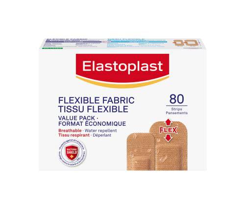 Elastoplast Flexible Fabric Bandages, Value Pack | 80 Strips, beige | Extra Flexible | Adapts to all your movements | Strong Adhesion | Breathable Material | Water-repellent | Bacteria Shield | Latex Free