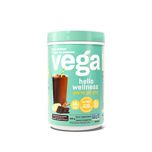 Vega Hello Wellness You've Got Guts Protein Powder, Choco Cinnamon Banana (14 Servings) Plant Based Vegan Protein Powder, 5g Prebiotic Fiber, 0g Added Sugar, 405g (Packaging May Vary)