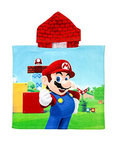 Super Mario Kids Beach/Pool/Bath/Camping Hooded Towel Poncho 24" X 22", Absorbent Cotton Cover up, (Official Nintendo Product) by Franco