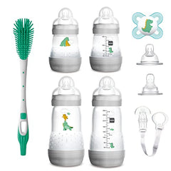 MAM Infant Basics Newborn Gift Set (9-count), Includes Easy Start Anti Colic MAM Baby Bottles, Pacifier, Baby Bottle Brush, From Newborn to 2+ Months, Designs May Vary