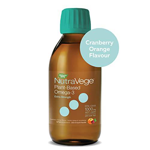 Nature's Way NutraVege Plant-based Omega-3 – Extra Strength Vegetarian Liquid Omega-3 Supplement with 1000mg EPA + DHA - Cranberry Orange Flavour – Supports Healthy Heart, Eyes and Brain Function in Adults, 200 mL