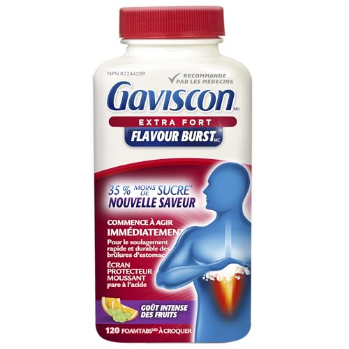 Gaviscon Extra Strength Flavour Burst Tablets - 120 Count - Chewable Foaming Antacid Tablets for Day and Night Heartburn Relief, Acid Reflux and GERD Relief, Fruit Blast - Free of Aluminum, Lactose and Gluten