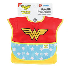 Bumkins DC Comics Wonder Woman SuperBib, Baby Bib, With Cape, Waterproof, Washable, Stain and Odor Resistant, 6-24 Months