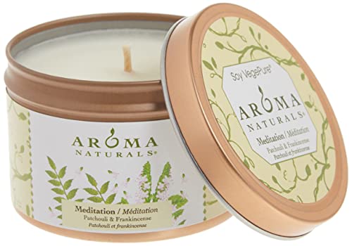 Aroma Naturals Tin Candle with Patchouli and Frankincense Essential Oil Natural Soy Scented, Meditation, 2 Count