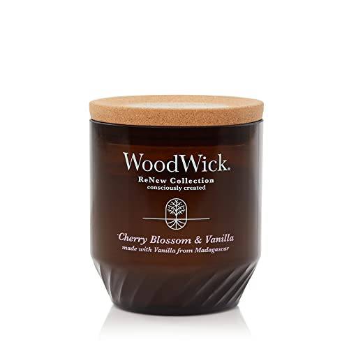 WoodWick® Renew Medium Candle, Cherry Blossom & Vanilla Scented Candles, 6oz, Plant Based Soy Wax Blend, Made with Upcycled Materials and Essential Oils, Up to 55 Hours of Burn Time