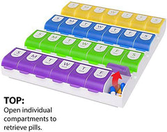 EZY DOSE Weekly (7-Day) Pill Organizer, Vitamin and Medicine Box, Large Compartments with Easy Fill, 4 Times a Day, Colored Lids