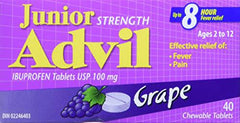 Advil Junior Strength (40 Count, Grape Flavour) Ibuprofen Chewable Tablets for Relief of Pain Fever