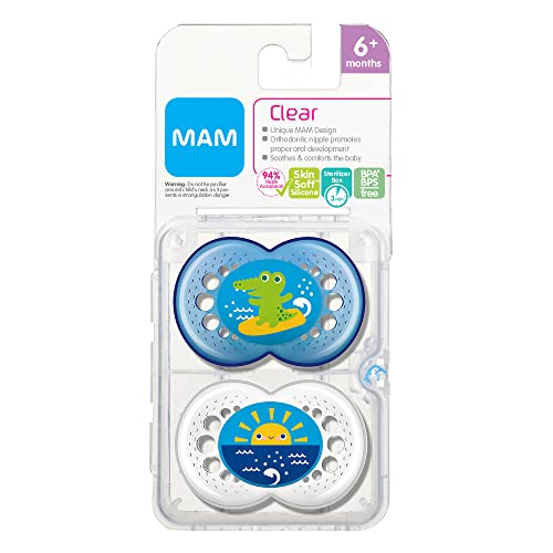 MAM Crystal Pacifiers (2 pack, 1 Sterilizing Pacifier Case), MAM Pacifiers 6 Plus Months, Best Pacifier for Breastfed Babies, Unisex Baby Pacifiers