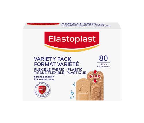 Elastoplast Plastic and Flexible Fabric Bandages, Variety Pack | 80 Strips, beige | All-round Adhesion | Absorbent Non-stick Wound Pad | Flexible & Water-resistant | Bacteria Shield | Latex Free