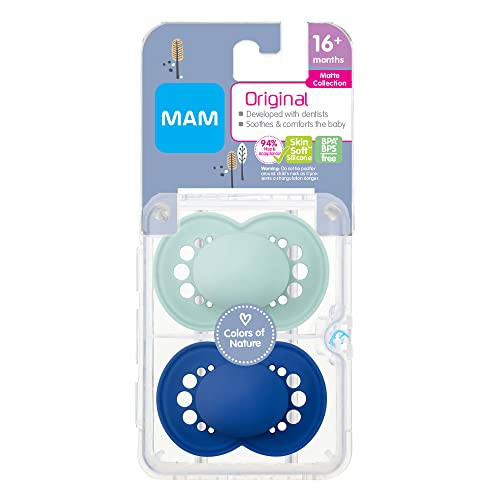 MAM Original Matte Pacifier (2 pack, 1 Sterilizing Pacifier Case), Pacifiers 16 Plus Months, Baby Boy Pacifier, Best Pacifiers for Breastfed Babies, Sterilizing Storage Case