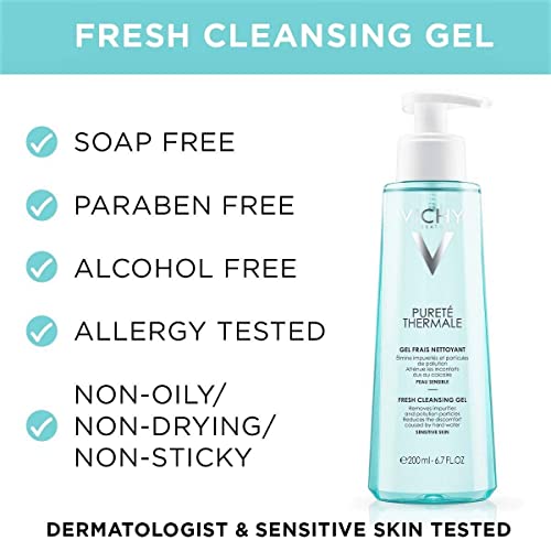 Vichy Face Cleanser, Pureté Thermale Fresh Cleansing Gel Face Wash & Makeup Remover for Sensitive Skin, with Vitamin B5, Hypoallergenic, Paraben-Free, 200mL