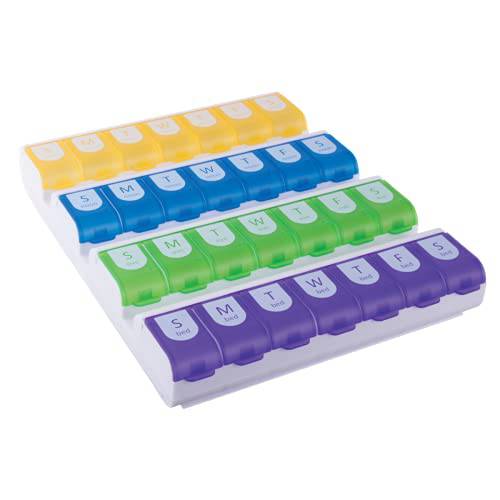 EZY DOSE Weekly (7-Day) Pill Organizer, Vitamin and Medicine Box, Large Compartments with Easy Fill, 4 Times a Day, Colored Lids