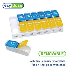 EZY DOSE Weekly (7-Day) AM/PM Pill Organizer, Vitamin and Medicine Box, Large Pop-out Compartments, 2 Times a Day, Blue and Yellow Lids