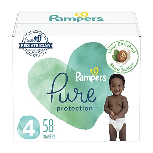 Diapers Size 4, 58 Count - Pampers Pure Protection Disposable Baby Diapers, Hypoallergenic and Unscented Protection, Super Pack (Packaging & Prints May Vary)