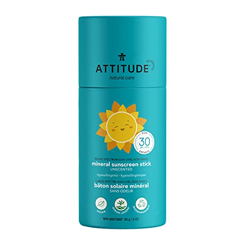 ATTITUDE Sunscreen Stick for Baby and Kids, Broad Spectrum UVA/UVB, Plastic-free, Hypoallergenic, Plant and Mineral-Based Formula, Vegan and Cruelty-free Sun Care Products, SPF 30, Unscented, 85 grams