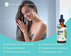 Kate Blanc Cosmetics Argan Oil for Hair and Skin 100% Pure Cold Pressed Organic Argan Hair Oil for Curly Frizzy Hair. Stimulate Growth for Dry Damaged Hair. Moroccan Skin Moisturizer (Light 4oz)