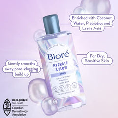 Bioré Hydrate & Glow Toner, Alcohol Free Facial Toner for Dry, Sensitive Skin, infused with Prebiotics, 2% Lactic Acid and Coconut Water | Dermatologist Tested, Cruelty Free and Fragrance Free (235mL)