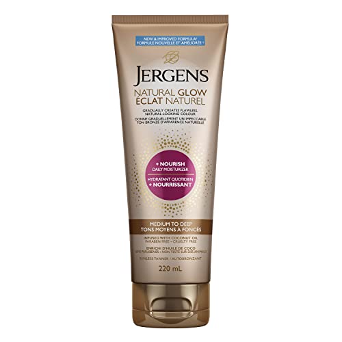 Jergens Natural Glow +Nourish Daily Moisturizer & Gradual Sunless Self Tanning Body Lotion for Dry Skin, Medium to Deep Shade (220 mL)