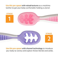 NumNum Pre-Spoon GOOtensils | Baby Spoon Set (Stage 1 + Stage 2) | BPA Free Silicone Baby Utensils for Self Feeding | for Kids Ages 6 Months+, 1-Pack (Two Baby Spoons), Frosty Lilac/Rosebud