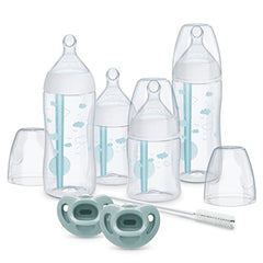 NUK Smooth Flow Pro Anti-Colic Baby Bottle & Pacifier Newborn Gift Set (7-Piece Set), Blue Clouds, 5.0 ounces