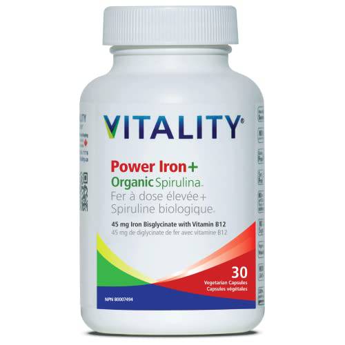 VITALITY Power Iron + Organic Spirulina 30 Veg Capsules (30 Days) - Boosts Energy with Iron Bisglycinate, Vitamin B12, Folic Acid, Vitamin C to Build Blood, Boost Energy