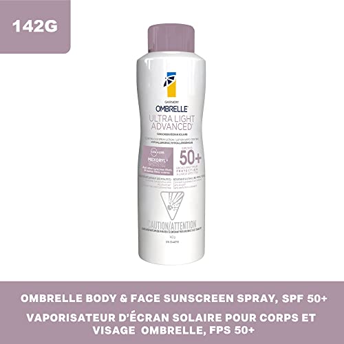 Garnier Ombrelle Ultra Light Sunscreen Body & Face Spray, SPF 50+, for Sensitive Skin, Hypoallergenic, Water Resistant, Alcohol and Fragrance Free, 142g